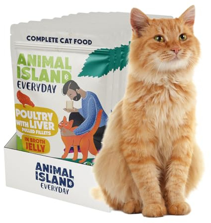 Animal Island Everyday Aliment Complet Humide pour Chats Adultes Effilochés de Volaille et Foie de Poulet en Gelée de Bouillon Savoureux Barquette Individuelle, 12 x 85g