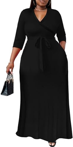 Women's Plus Size Fall Dress - Wrap Maxi Dresses 3/4 Sleeve Plain Party Vintage Outfits Solid Black 2XL