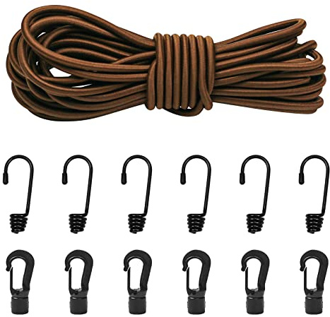 1/4 Bungee Shock Cords with Hooks, 32 Feet Elastic Nylon Cords Kayak Stretch String Rope for Bikes, Tie Downs, Boating, Camping, Cars, Fitness,Outdoor Enthusiasts(1/4 inch x 32 Ft, Brown)
