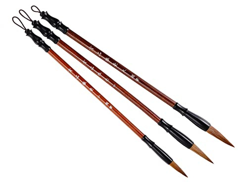 PATIKIL Kinesisk kalligrafipensel 3-pack akvarell bläck målning skriva pensel ritning konst sumi-e penslar trä handtag för nybörjare 3 storlekar kit brun