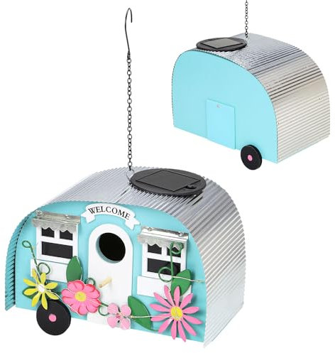 Taylor & Brown Tree Hanging Caravan Bird House Colourful Metal Garden Nest Nesting Box Decorative for Outside Garden Decor with 10 LED Solar String Light