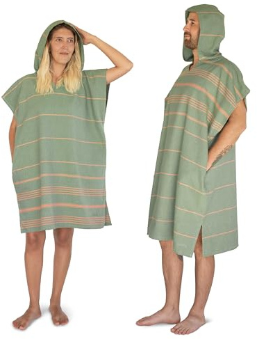 LeStoff Premium Surf Poncho Towel - Lightweight, Sustainable, Highly Absorbent & Quick-Drying, 100% Organic Cotton, Beach, Bath, Surf, Camping, Hooded, Changing Robe (Olive-Orange, M/L)