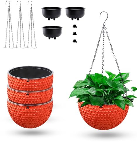 MoFarbe 8.3inch Large Hanging Planters Plant Pots - Self-watering Hanging Baskets Set of 3 Flower Pot with Drainage Hole Chain for Home Garden Deco (Orange)