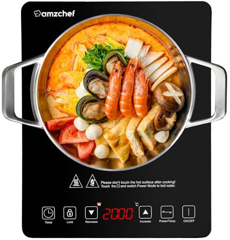 AMZCHEF Single Induction Hob, Portable Induction Hob with Slim Design of 4.45cm, 20 Power Levels and 20 Temperature Settings, Fashionable Black Glass Panel, Touch Sensor, Hour Timer, Safety Lock