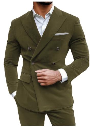 Stillluxury, blazer da uomo in corduroy, doppio petto, con visiera a bavero, slim fit, formale, sportivo, Verde oliva, M