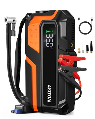 AstroAI MF16 Arrancador de Baterias de Coche de 6000 A con compresor de 150 PSI, Booster Bateria Portatil (para 8L Disésel o 10L Gas), Jump Starter con Protección Inteligente con Luz LED y Pantalla