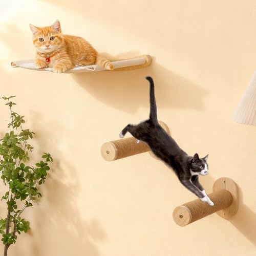 Hängmatta för katter, väggmontering, klättervägg, väggmonterad furu, kattväggsmöbler, kattstege med juterep för sömn, klättring och lek (katthängmatta + 2 ledare)