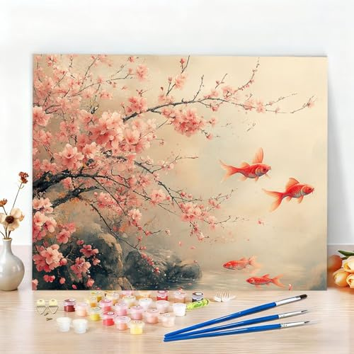 Pintar por Numeros Adultos Carpa Koi Kit Manualidades Adultos Lindo Pintar por Numeros para Principiantes, DIY Paint by Numbers Kit con Pinceles y Pigmento, Decoracion Hogar, Regalo 70x100cm W6-629