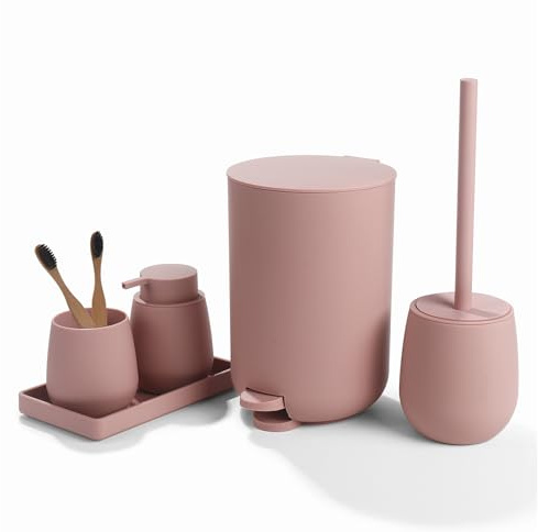 AJEUNGAIN Set Bagno Accessori Completo Rosa, Set Accessori Bagno Moderno include Cestino Bagno, Portaspazzolino, Set Scopino WC e Dispenser Sapone, Vassoio da Vanity (Rosa)