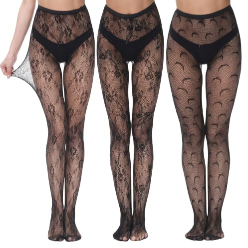 3Pcs Black Patterned Tights Women, Lace Tights Fashion Floral Flower Pattern
