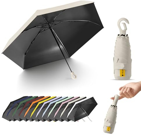 Travebo Mini Travel Folding Umbrella with Carabiner Ring Handle for Women Kids,Lightweight Compact,Portable Small,Handbag,Pocket,UV Protection,Fiberglass Ribs,Teflon coating,Rain Sun