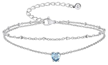 Suplight Double Layer Birthstone Anklet for Women, Adjustable Stainless Steel Ankle Bracelet with Heart Gem, Waterproof Silver/Gold Anklets for Women, Beach Jewellery Gift