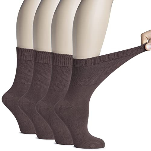 HUGH UGOLI Calcetines Media Caña Mujer Diabéticas de Bambú, 4 Pares, Súper Suaves, Finos y Transpirables, Holgados para Tobillos Hinchados, Cintura Sin Presión y Punta Sin Costura, Marrón, Talla 36-39