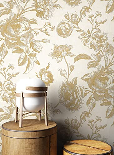 NEWROOM carta da parati Beige Flori Tessuto non Tessuto - Floreale Oro Crema Le Rose Calcestruzzo Romantico
