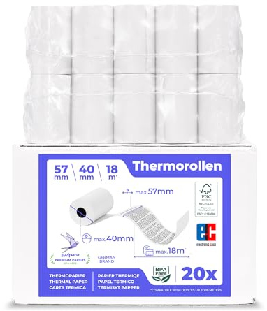 SWIPARO - Ec-Cash termopappersrullar 57 mm x 18 m x 12 mm - kassarullar - termopapper - kvittorullar för bankomat - kreditkortläsare med SEPA-betalningstext (20 st)
