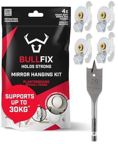 Bullfix Mirror/Picture Hanging Kit - Heavy Duty Plasterboard Fixings for Pictures, Mirrors and Canvases - 4 Bullfix Universal Anchors with Collars, Hooks and a 20mm Drillbit, Picture Frame Fixings Kit