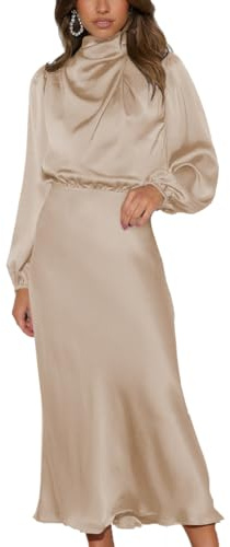 LIAOPUFUS Falda Larga de Satén Plisada Vestido Largo de Manga Larga Nuevo Otoño Elegante de Alta Costura Cintura Cerrada Falda de Cóctel de Mujer de Temperamento Relajado (Albaricoque, M)