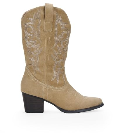 BOSANOVA Botas Cowboy para Mujer confeccionadas en Ante con Detalle de Costuras a Tono, caña de 28.5 cm y tacón en Bloque de 5'5 cm. Cierre con Cremallera. Calzado para Mujer Arena 37