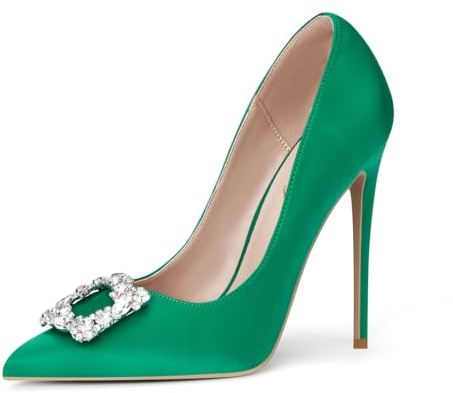 GENSHUO Escarpins à Talons Hauts en Satin Strass pour Mariage et Fête - Talon de 12 cm, Satin Vert, 40 EU