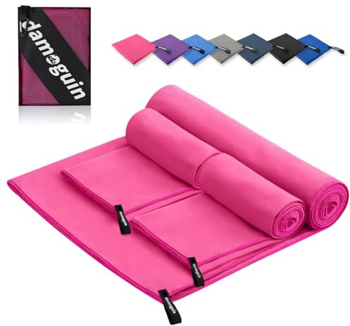damoguin 3er-Set Mikrofaser Handtuch, Groß (180 * 80cm) & 2 Stück Klein (80 * 40cm) Schnelltrocknende Microfaser Fitness Handtücher, als Sporthandtuch, Strandtuch, Badetuch und Reisehandtuch (Rosa)