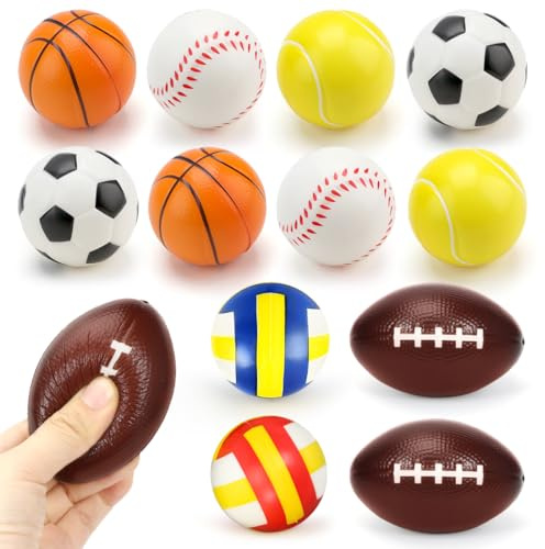 Cadimus 12 stycken stressboll, minisportbollar, anti-stressboll för barn och vuxna, stressreducerande boll innehåller mini fotboll, basket, baseball, tennis, rugby och volleyboll, lindring av
