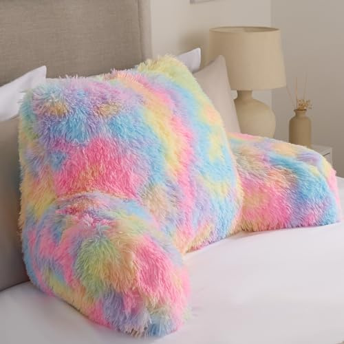 OHS Cuddle Cushion Fluffy, Comfy Reading Pillows Super Soft Relaxing Long Hair Fleece Gaming Cushion with Arms Backrest Pillow Relaxing Comfy, Tie-Dye 60 x 45 x 40cm