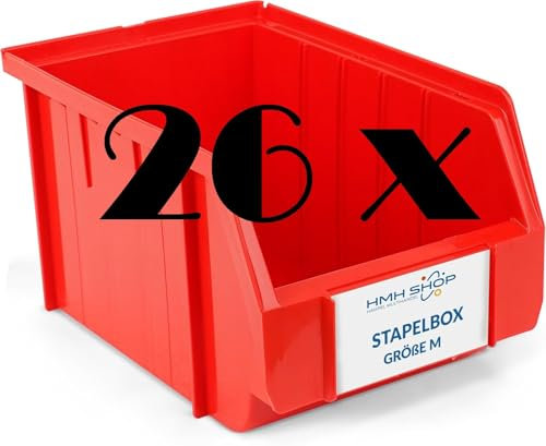 HMH 26x Stapelboxen Größe M Werkstatt Garage Keller Sichtlagerboxen 230x150x130mm Lagerboxen ROT Sichtlagerkästen Kleinteile Aufbewahrung