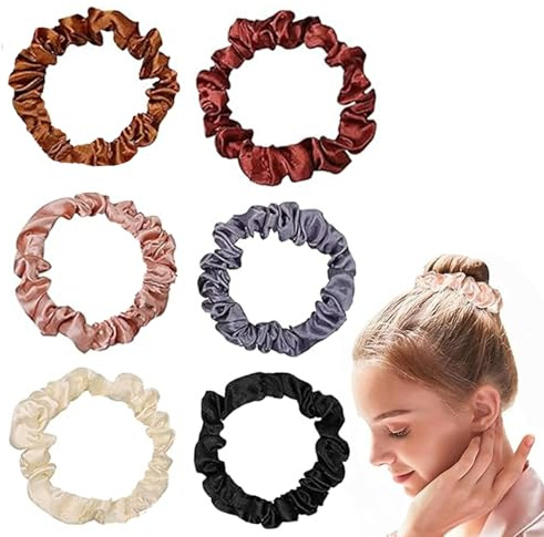 Shunshi Elastic Hair Ties, 6 Pcs Satin Hair Scrunchies for Women & Girls, Soft Silk Hair Ties, Skinny Elastic Bands for All Hair Types, No Damage, Frizz Prevention, Stylish Hair Accessories