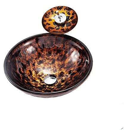 KOMFGT Artistic Vessel Sink Bathroom Tempered Glass Vanity Sink, Round Bowl with Waterfall Faucet Chrome and Pop Up Drain Combo, Above Counter Household Lavatory Bowl, Flame Brown