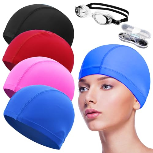 Qaestuan 4 Pièces Bonnet de Natation, avec des Lunettes de Natation, Unisexe Bonnets de Bain Élastique, Confortable Bonnet de Piscine Souple, pour Adulte Hommes Femmes (Multicolore)
