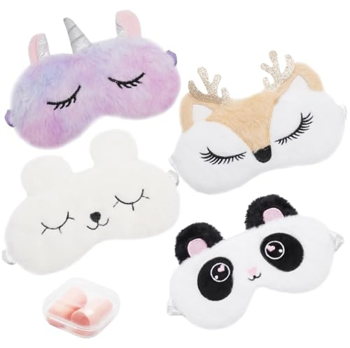 TMZELOA 4 Pcs Masque de Sommeil Animal, Masque de Sommeil, Masques en Peluche Doux pour les Yeux Masque de Nuit en Peluche Mignon 3D Moelleux Masque pour Filles Femmes Adulte