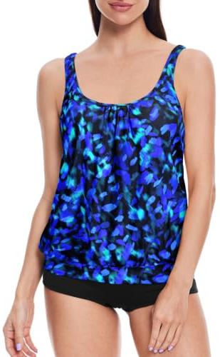 loginsummer 2 Piece Swimming Costume Women Padded Tankini Sets for Women UK High Waist Plus Size Swimwear Tummy Control Blouson Tankini Top with Shorts