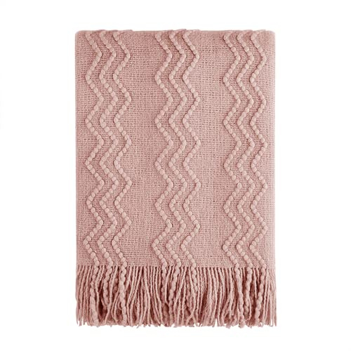 BOURINA Textured Solid Soft Sofa Throw Couch Cover Knitted Decorative Blanket, Pink, 127x152cm