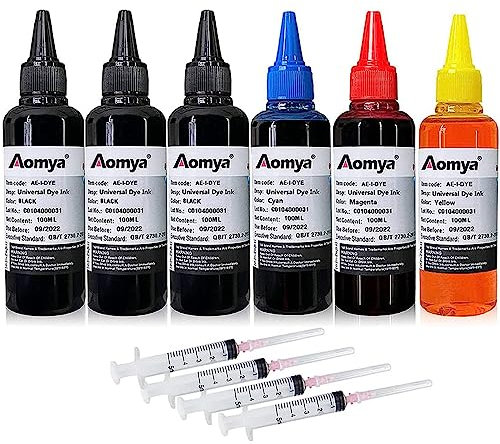 Aomya 600 ml Universal-Farbstofftinte Nachfüllset für HP Canon Epsn Brother Lexmark Drucker, kompatible Patronen, nachfüllbare Kartusche CISS CIS System 6 Farben Set mit 4 Spritzen (3BK, C, M, Y)