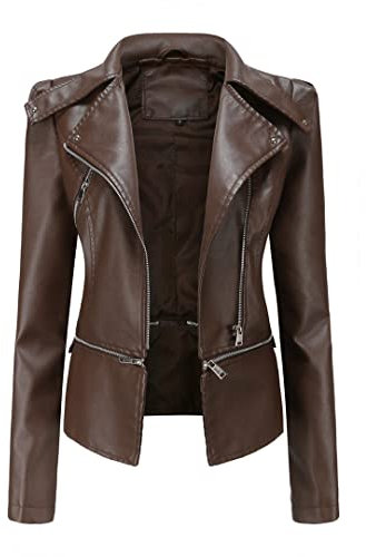 Suwequest Chaqueta de cuero para mujer extraíble Chaqueta con cremallera para motociclista de primavera y otoño, chaqueta de motocicleta, color negro, café, M
