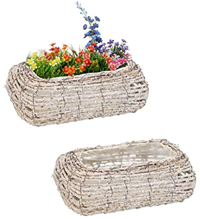 Relaxdays Blumentopf, 2er Set, Rattan, Pflanzentöpfe mit Folie, HBT: 10 x 25 x 15 cm, Pflanzkörbe für innen, weiß/Natur