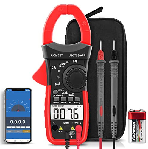 AIOMEST Strommesszange Bluetooth Clamp Meter 570S-APP Digital Multimeter, Zangenmessgerät mit 6000 Counts Auto-Raging Stromzange für AC/DC Spannung Strom, Durchgang Widerstand Kapazität