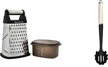 KitchenAid Cheese Grater with Container and Lid, 4-Sided & Pasta Server, Stainless Kitchen Utensil, Durable and Easy to Clean, Almond Cream