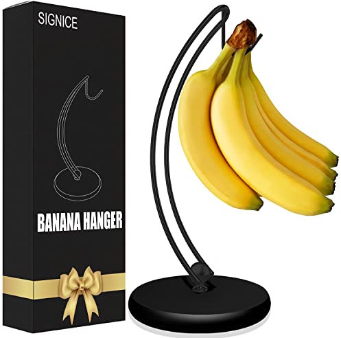Signice Banana Holder Stand - Patented Modern Banana Tree Hanger with Wood Base Stainless Steel Banana Rack for Home Kitchen Use,Doesn't Tip Over (Full Black)