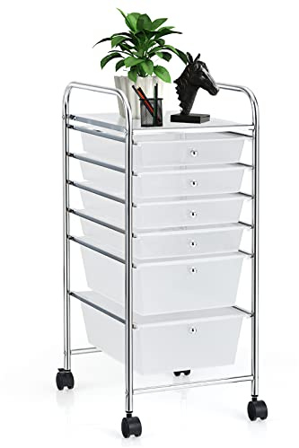 SILKYDRY 6 Drawer Rolling Storage Cart, Craft Cart with Wheels and Drawers, Art Cart Organizer for Kids, Teachers, Storage Trolley with Drawers for Home Office School (Clear)