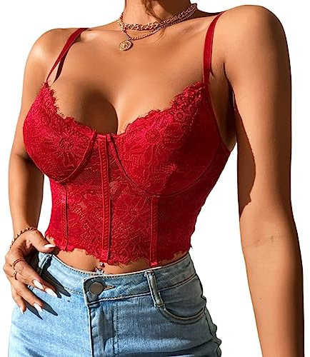 Rongseng crop toppar damer sexig spets magfri camilos topp spagettiremmar cropped topp V-ringad spetstopp bralettes undertoppar sommar cami linne topp, vinröd, M
