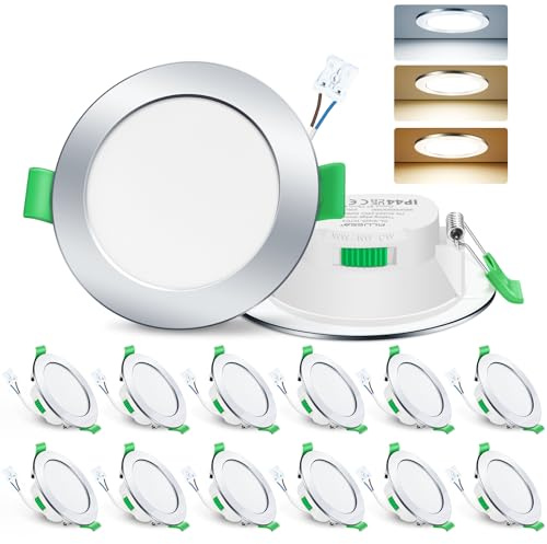 ALUSSO 3CCT LED Downlights for Ceiling 7W 68mm Dimmable, Chrome 12 Pack | Ultra Slim IP44 Bathroom Spotlights, 3000K Warmwhite/4000K Neutralwhite/6500K Coolwhite Adjustable Recessed Ceiling Lights