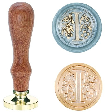 Poemluve sigillstämpel med bokstäver A-Z 25mm vintage vax sigill stämpel set med trähandtag för gåvor, förpackning, gratulationskort, inbjudningar, DIY (bokstav I)