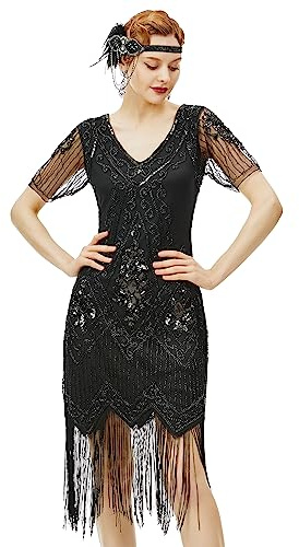 BABEYOND 1920-talsklänning för kvinnor, fransklänning, kort ärm, Gatsby-temafest, damer, kostym, klänning, Set – svart, XL