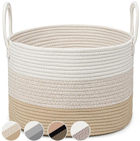 Virklyee Cesto Portabiancheria in Corda Intrecciata 32L Cestino in Corda di Cotone Φ40 x H25 CM Cesto per Coperte in Soggiorno con 2 Maniglia, per Abbigliamento e Cuscini(3 Couleurs Miel)