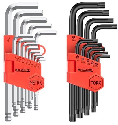 Meiwaltee 22 Piezas Juego de Llaves Hexagonales, Métricas Llaves Hex con Extremo en Forma de Bola 1,27 a 10 MM, T10-T50 Llaves Hexagonales Torx Compacto Para Autos y Bicicletas Bricolaje-Acero Cr-V
