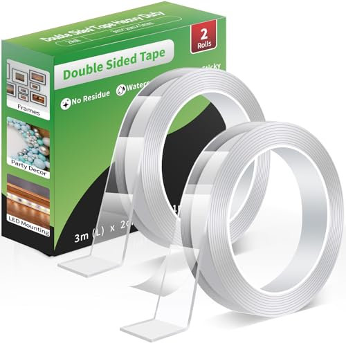 Euqvunn Double Sided Tape Heavy Duty, Removable Strong Sticky Pads Nano Adhesive Strips, Clear Multipurpose Tape for Poster/Wall Hanging/Carpet 2 Rolls (3.0 m × 2.0 cm × 1 mm)