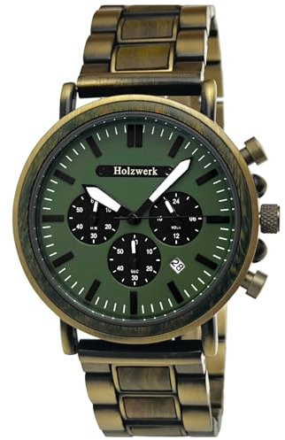 Holzwerk Germany Handgefertigte Designer Herren-Uhr Öko Natur Holz-Uhr Chronograph Armband-Uhr Analog Quarz-Uhr Grün Gold Braun Datum Holz Ziffernblatt (Gold.Grün)