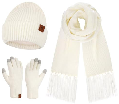 Damen Winter Warm Beanie Mütze Schal Touchscreen Handschuhe Set Thermo Wintermütze Strickmütze Lange Schals Winterhandschuhe mit Fleece Gefütterte Frauen Geschenk, Weiß