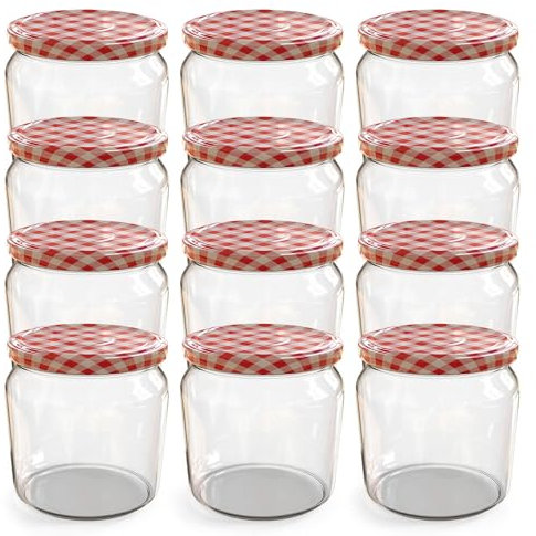 Oputec 12 x 360 ml Einmachgläser mit Schraubdeckel rot kariert – Perfekt für Marmeladen, Konfitüren und mehr, Vorratsgläser mit Deckel, ideal als Marmeladengläser und Schraubgläser